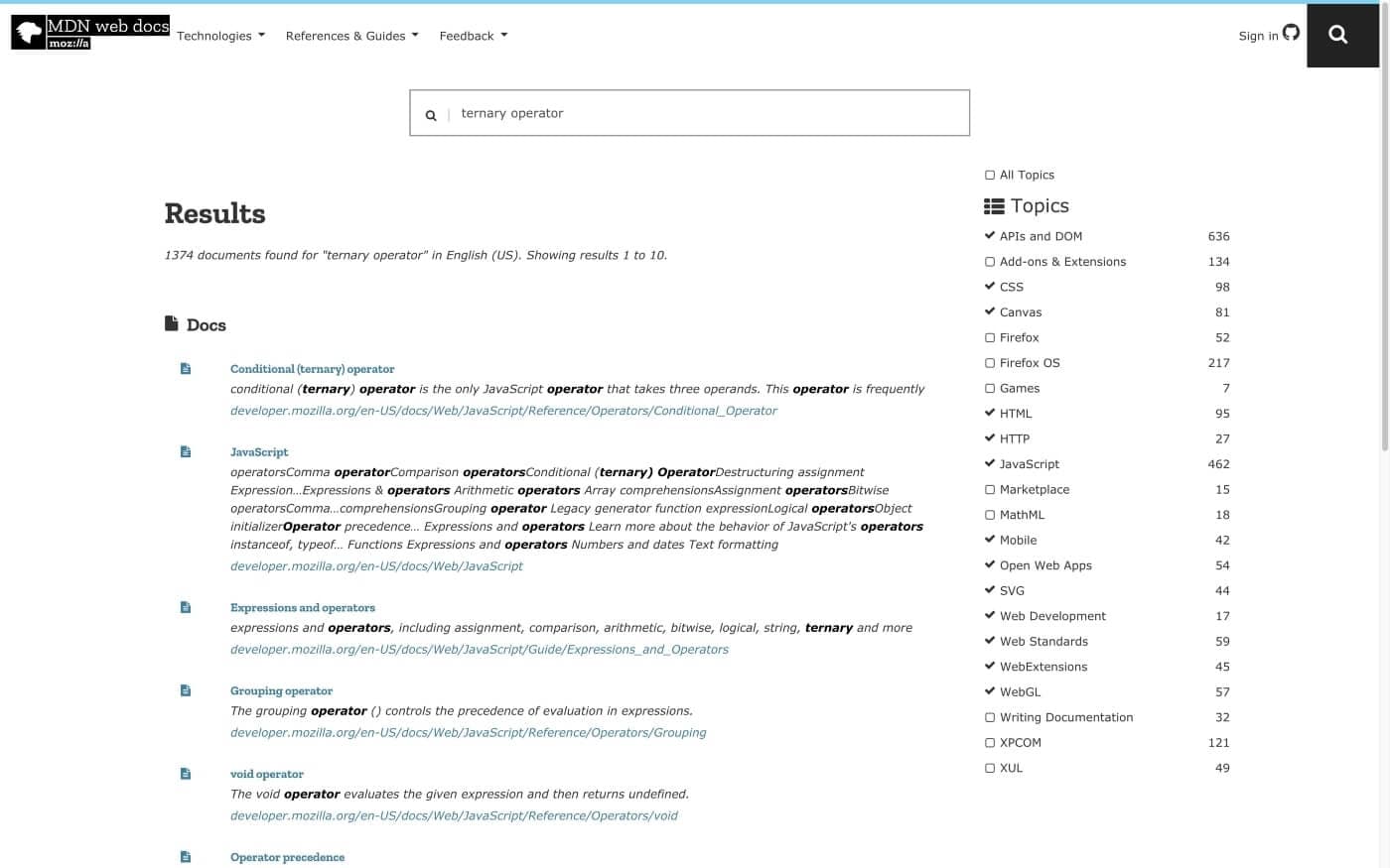 The result from the search query