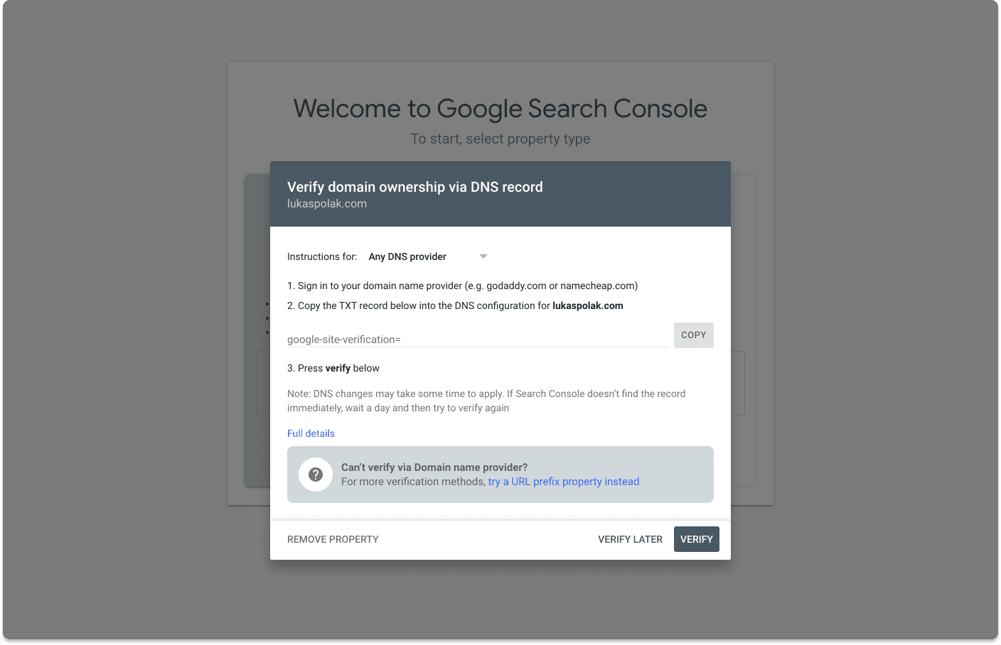 Modal window with the DNS configuration