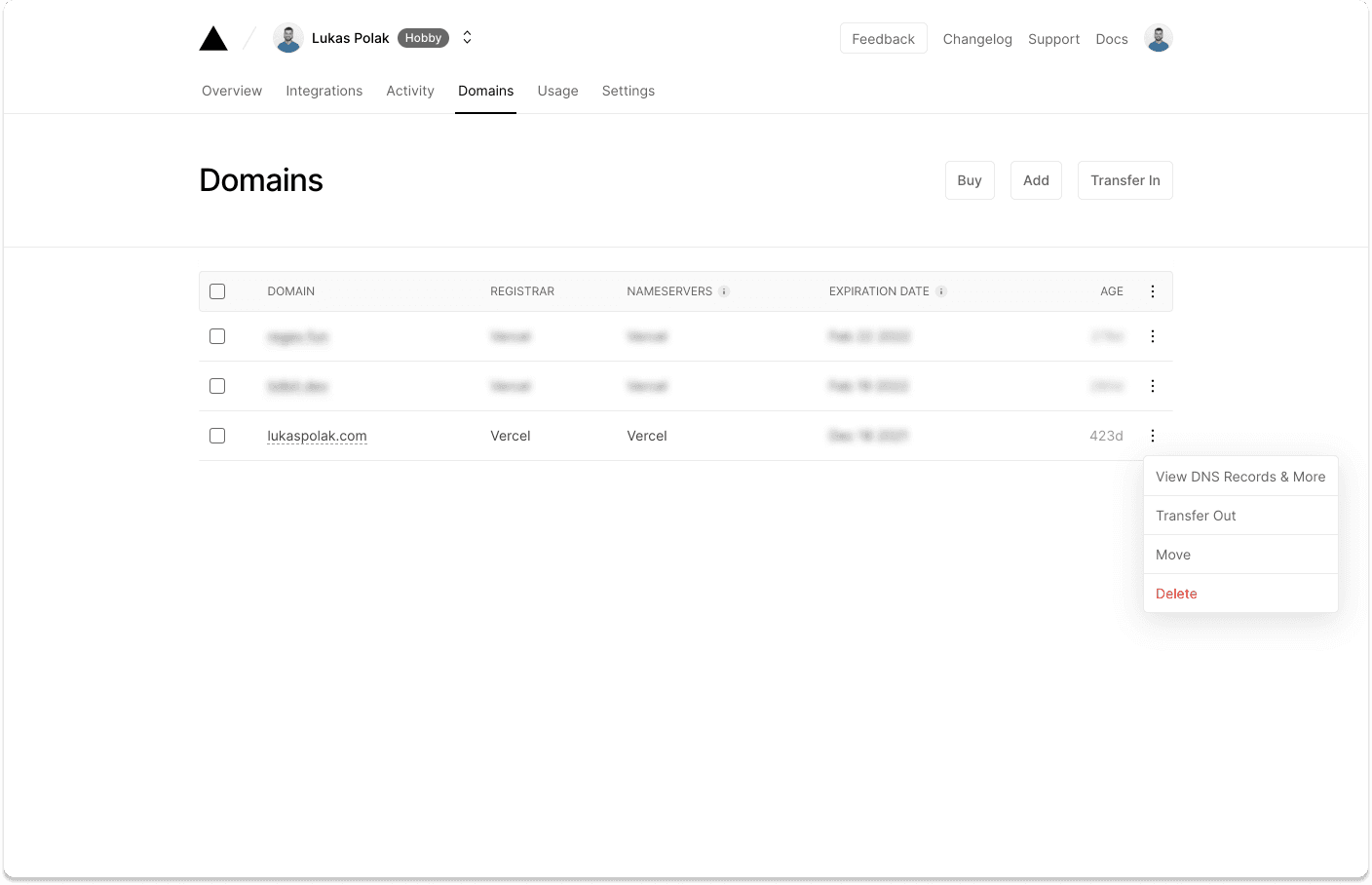 View DNS Records & More on Vercel Domain's tab